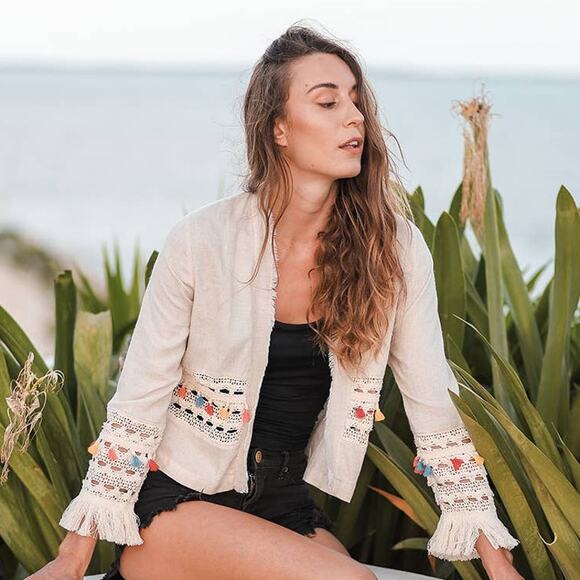 Tamara Zovich Sweaters - Resort Cardigan by T. Zovich Open Jacket Raw Hem Crochet Embroidered Natural OS